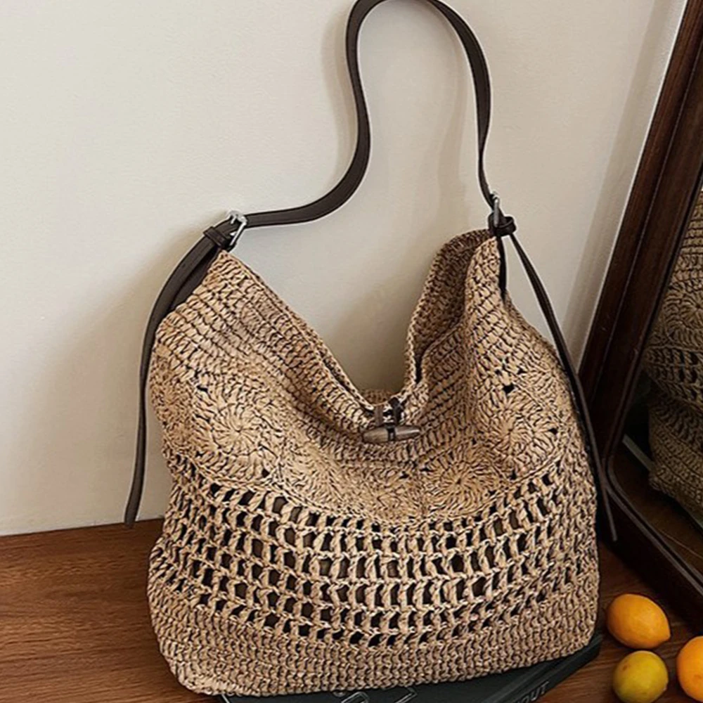 

Large Capacity Woven Beach Bags for Women Handbag Bohemian Hollow Straw Shoulder Bag Summer Travel Shopper Tote Purses Clutch