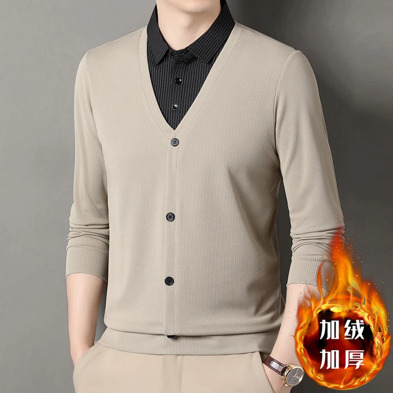 

2025 New Autumn/Winter Vacation Two Piece Men's Sweater with Velvet Casual Shirt Collar Knitted Bottom Coat Warm Thread Coat