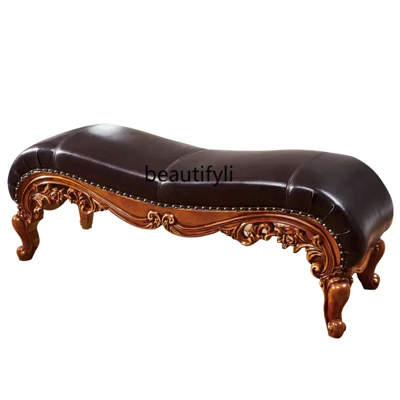 32European first layer leather bedside stool full wood carving flower, bench American bedside stool