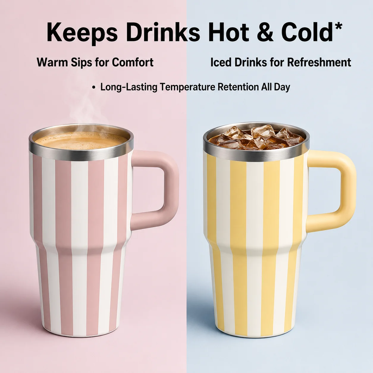 Striped Tumbler Cup with Handle and Straw Double Wall Vacuum Insulated Travel Coffee Mug for Iced Coffee Thermos 20oz