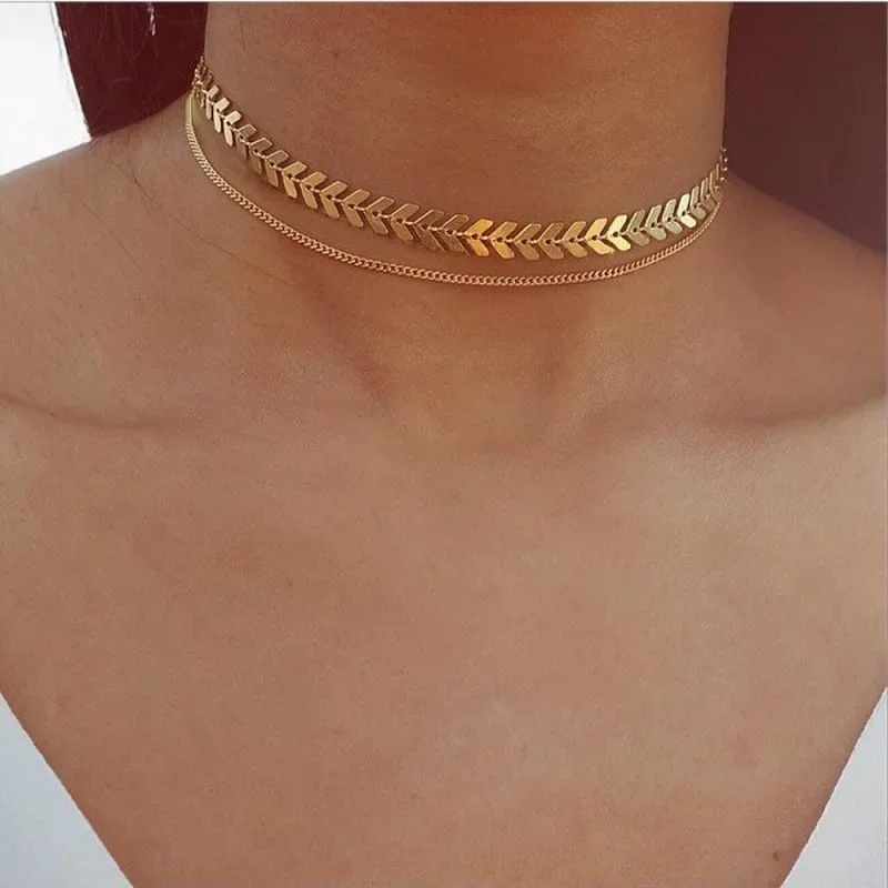 Fashion Jewelry Two Layer Chocker Necklace Fish Bone Coin Shape Chain Choker Plated For Women Girls Gift Accessory