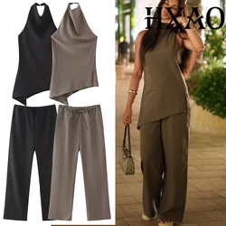 HXAO Off Shoulder Tops For Women Sleeveless Halter Neck Asymmetrical Top Woman Summer Backless Black Top Youth Ladies Tops