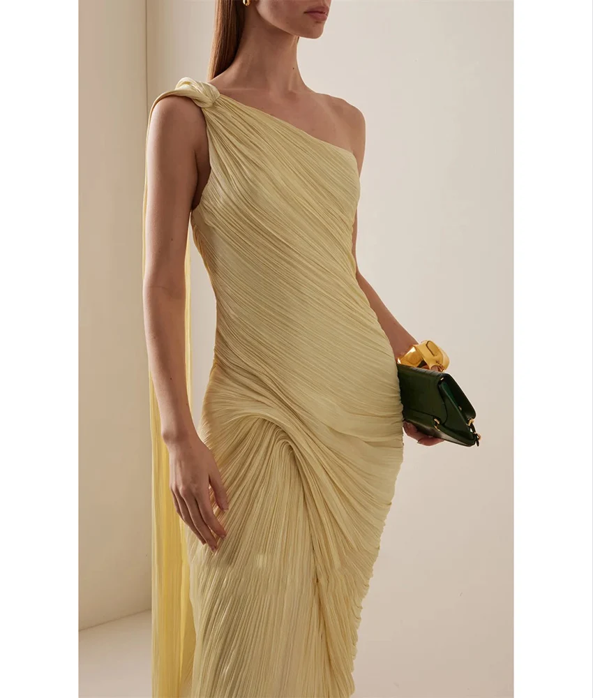 

Customized Sexy Jersey Straight One Shoulder Ribbons Evening Dress Temperament Sleeveless Floor Length Bespoke Occasion Gowns