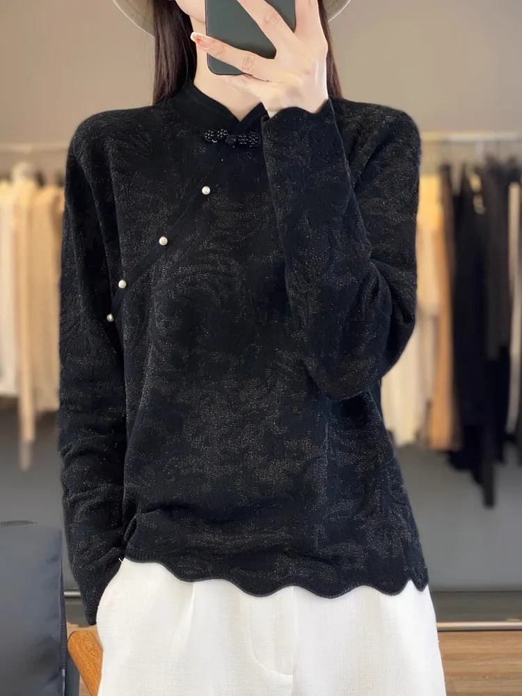 

Вязаный свитер с воротником в стиле ретро, свободный крой, шерстяной базовый слой, китайский сарафан, новое осенне-зимнее новое поступление, женский модный топ