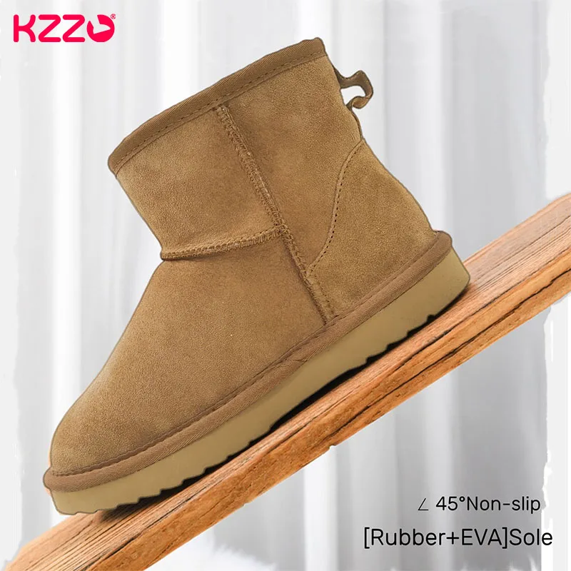 KZZO Size 37-48 Australia Classic Real Sheepskin Suede Leather Men Sheep Wool Fur Lined Winter Short Ankle Snow Boots Grey Shoes
