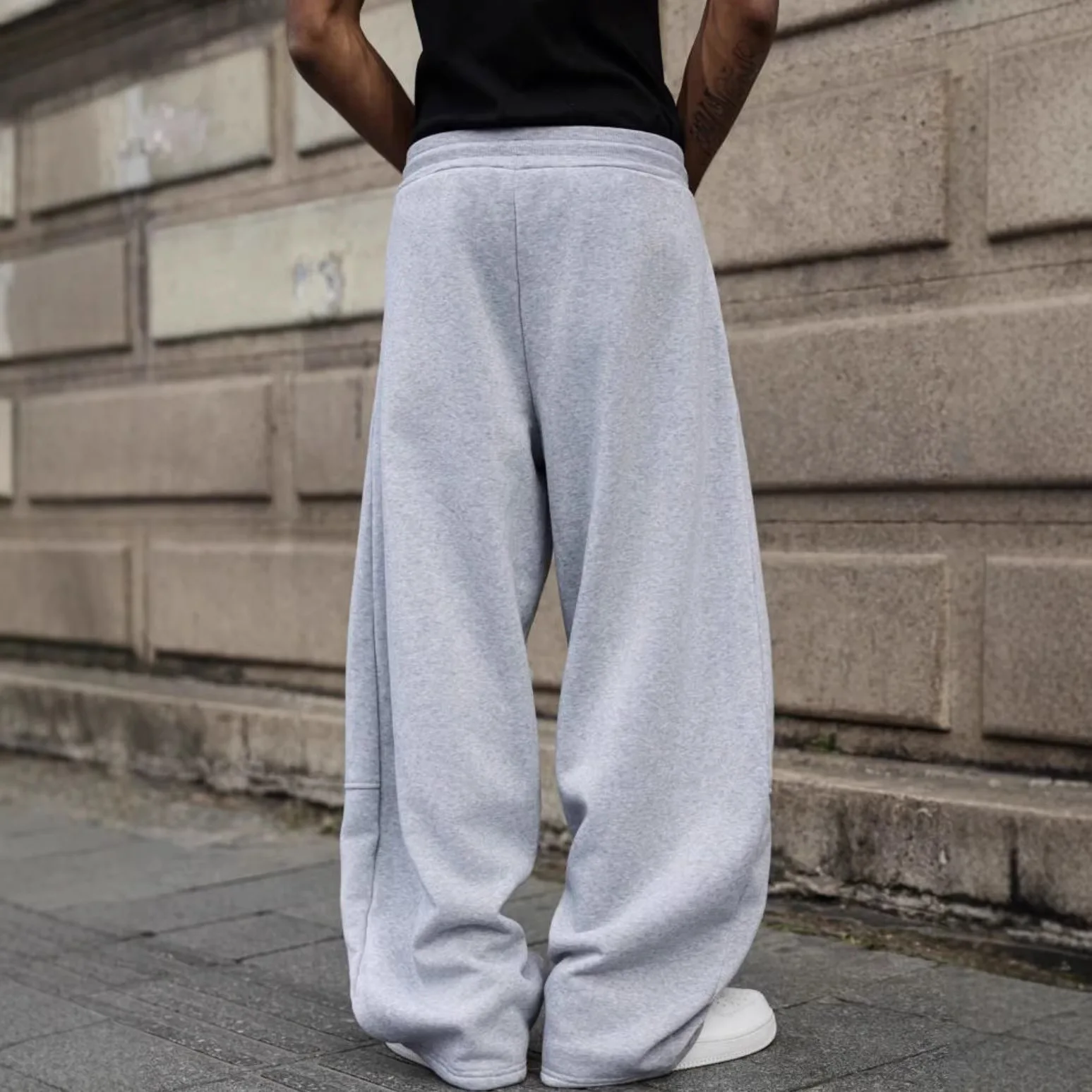 American Style Fashion Men's Grey Solid Color Casual Trendy Simple Basic Drawstring Wide Leg Sports Trousers Male Pants Clothes