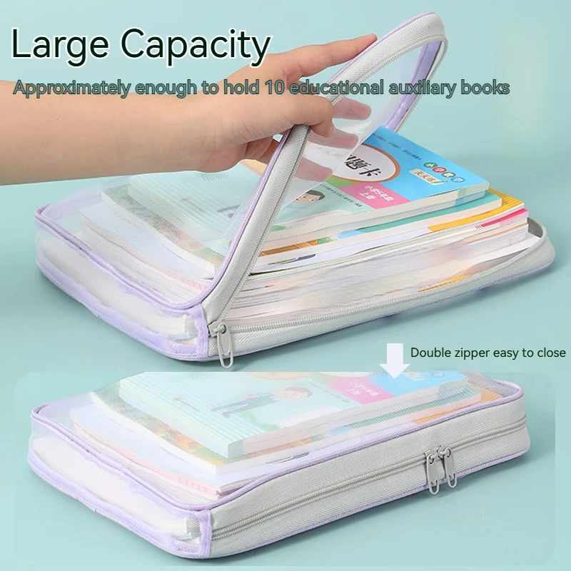 Large Capacity Stationery Storage Bag Transparent Double-Zipper for Student Exam Paper Book Office Supplies File Pouch Organizer view 5