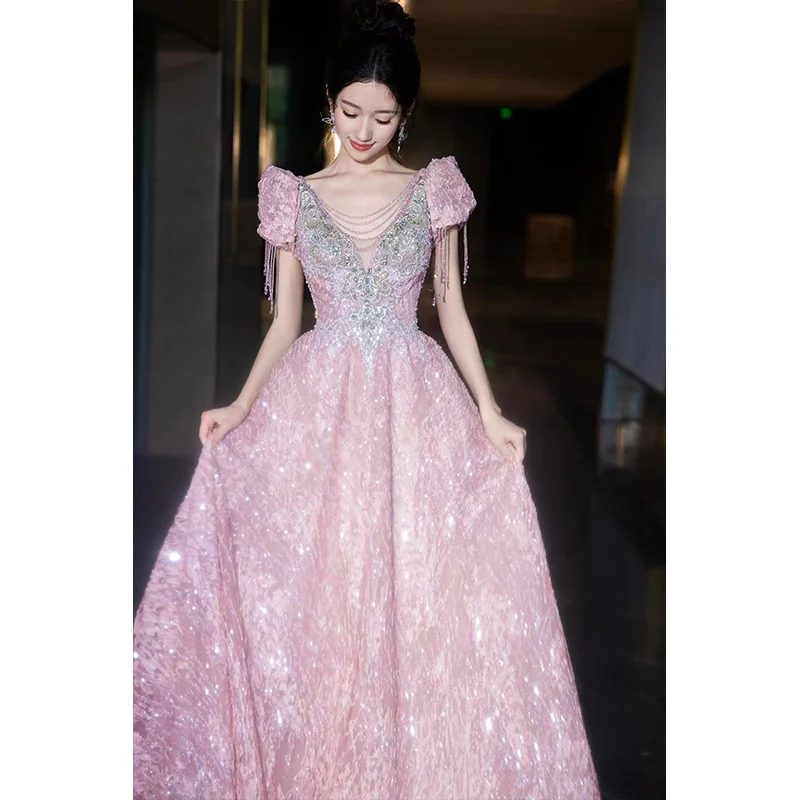 ชุดราตรีสำหรับผู้ใหญ่ ปี 2025 แบบใหม่ สำหรับนักศึกษา สอบศิลปะ งานแต่งงาน กระโปรงทรง Dr Princ งานหมั้น เอวสูง ผ้าไหม