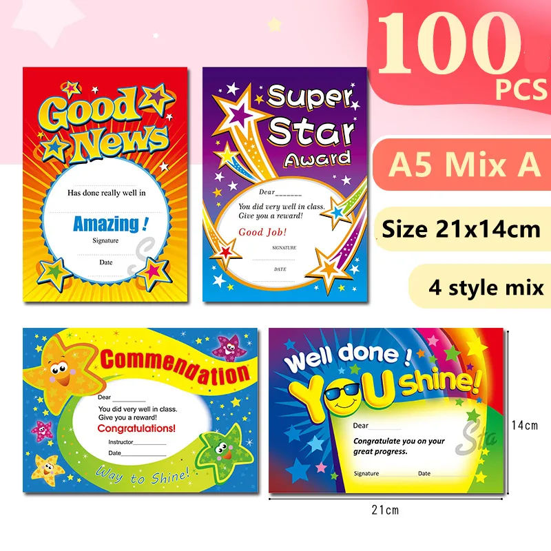 Kids Certificate Paper English Learning Rewards A4 A5 Big Size Honorary Award Credentials For Students Classroom Management 50pc