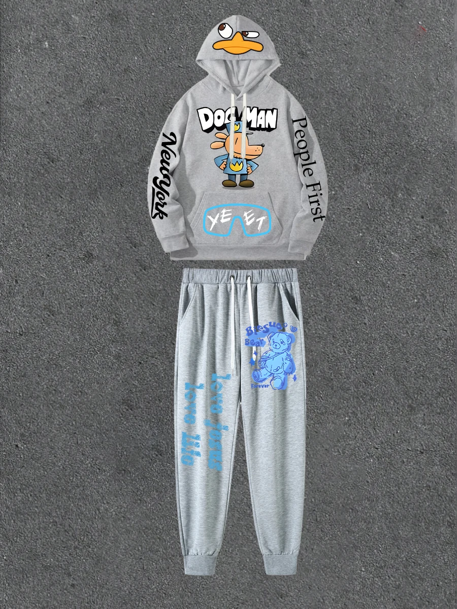 

Gray Double-sided Printed Hoodie Paired With Printed Casual Pants Loose Hoodie Street Style Outfit With Casual Pants