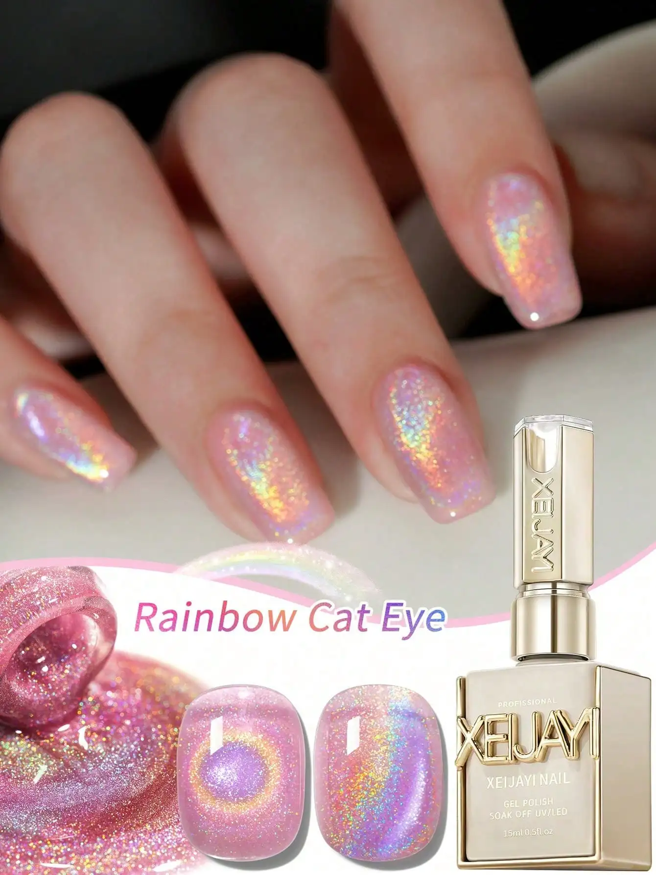 

XEIJAYI 1Pc 15Ml Rainbow Cat's Eye Nail Polish Soak Off UV LED Gel Varnish Nail Art For Women DIY-No Magnetic Stick Included