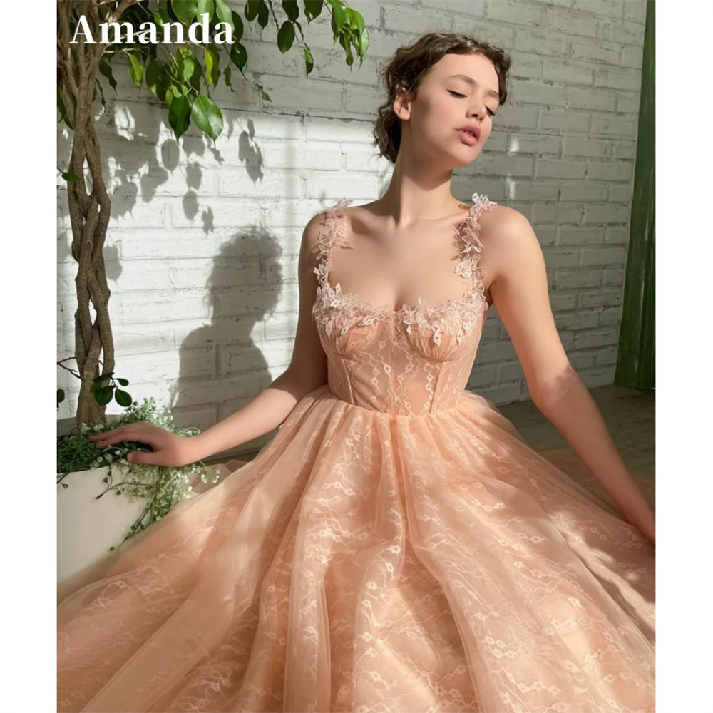 

Amanda Salmon Lace Embroidery A-line Prom Dress Flower Spaghetti Strap Tulle فساتين السهرة Elegant Strapless Evening Dress