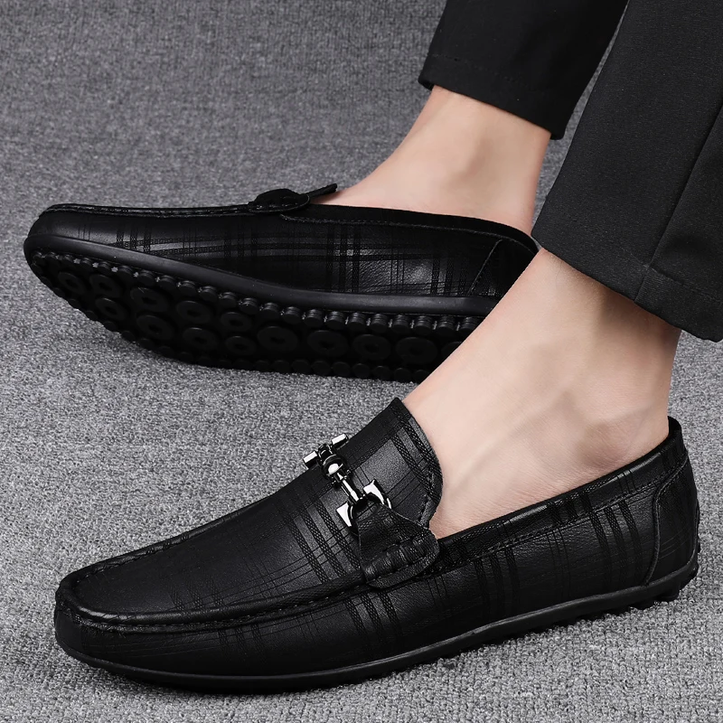 Italian Handmade Shoes Genuine Leather Black Formal Shoes Casual Loafers Men\'s Crocodile Pattern Fashion Check Moccasins Shoes