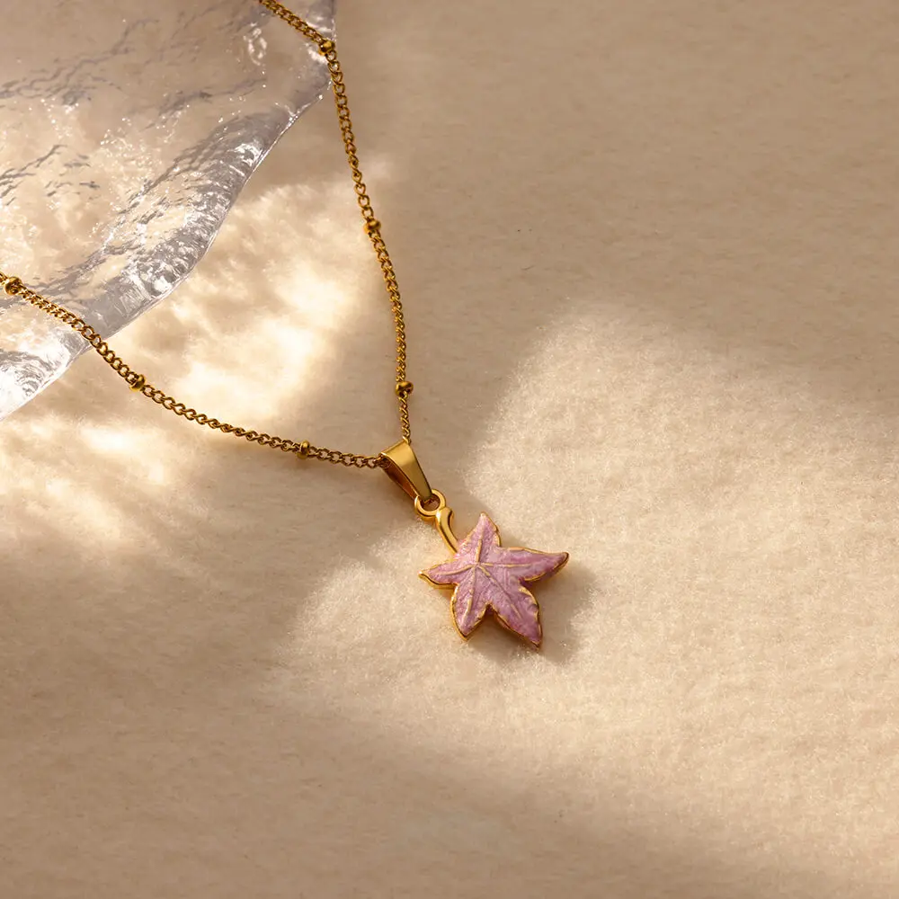 Stainless Steel Colorful Maple Leaf Pendant Necklace For Women Girls Fashion Gold Color Neck Chain 2024 Trendy Jewelry Gift