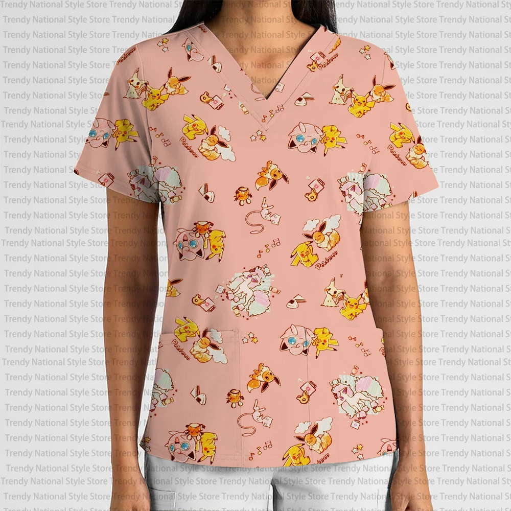 Summer New Women's Fashion Commuter Outfit, Pokémon Print V-Neck Medical Uniform Women's Clothing Nurse Uniform Top