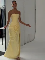 Elegant Strapless Pleated Dress Yellow Women Chic Sleeveless Waist Cinching Split Maxi Gowns Lady Evening Party Vestidos 2026 - Image 4