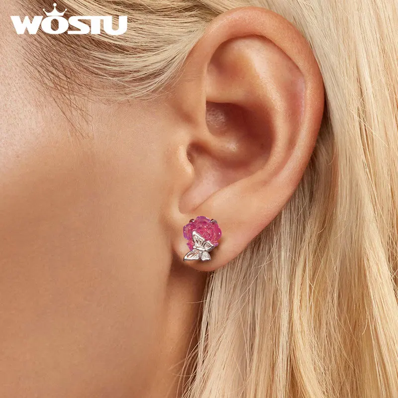 WOSTU 925 Sterling Silver Rose Flower Crystal Stud Earrings For Women Mood Stone Change Color Ear Studs Party Birthday Girl Gift