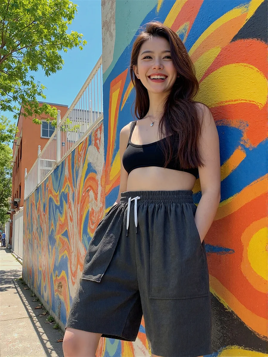 Pantalones cortos de pierna ancha para parejas, pantalones cortos holgados de cintura alta con bolsillos grandes, ropa informal vaquera a la moda, azul, verano