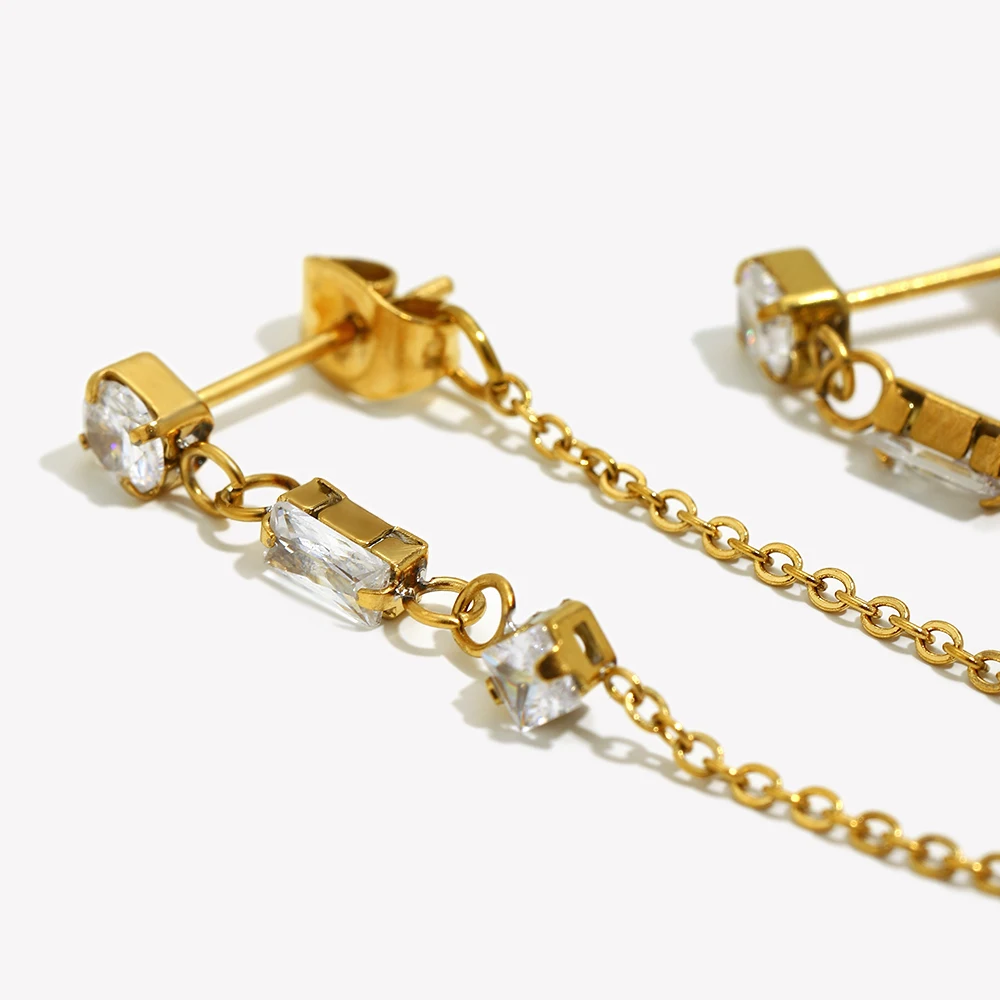 E.B.belle Micro Paved Rectangle Square Round Crystal Long Chain Drop Earring Front and Back Side Stainless Steel Earring