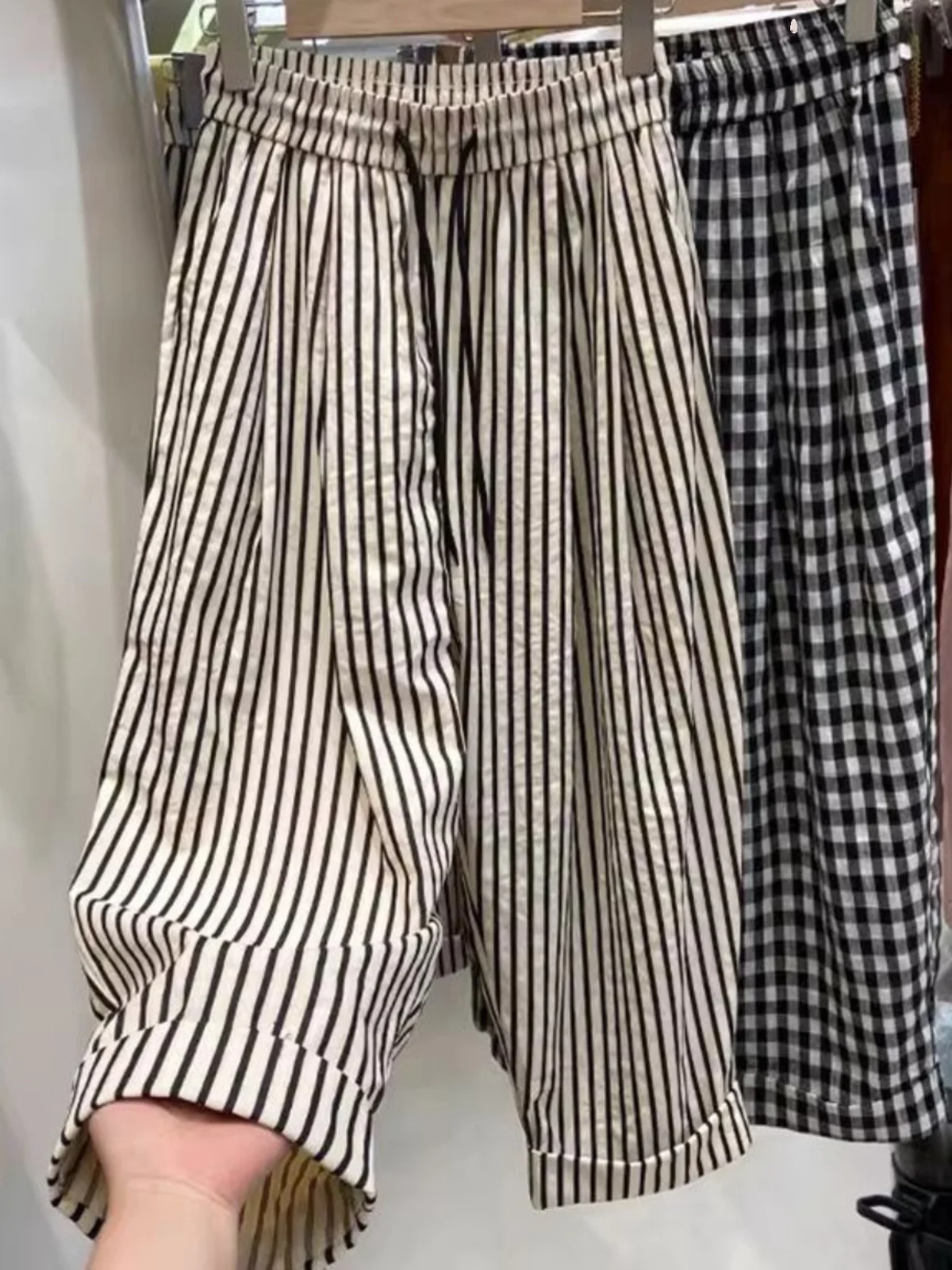

plus Size Women's Striped Loose Wide Leg Pants High Waist Nine Points Summer Thin Harem Trousers for Heavy Girls