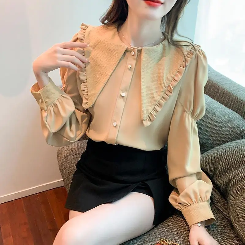 Ruffle Chiffon Peter Pan Collar Cute Elegant Shirt Tops Autumn Korean Style Fashion Puff Sleeve Loose Sweet Tops Casual Blouses