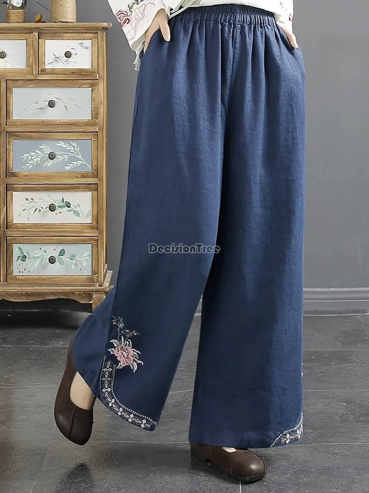 2024 chinese style embroidery casual pants new elastic waist versatile loose cotton linen trousers literature art retro britches