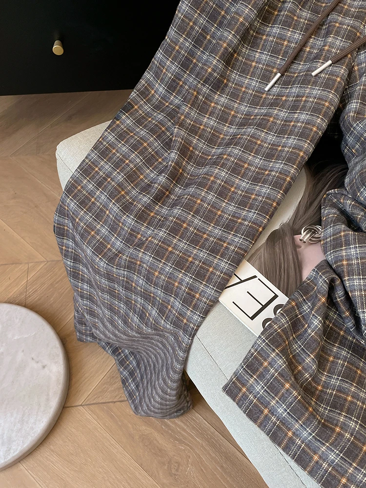 캐주얼 와이드 레그 팬츠 여성 빈티지 체크 루즈 레이지 윈드 스포츠 스트레이트 트라우저 하이웨이스트 레트로 봄 여름 레이스업 팬츠