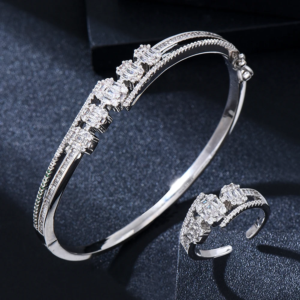 GODKI Luxury 3 ROWS Bangle Ring Sets Cubic Zirconia CZ Dubai Bridal Jewelry Sets For Women Wedding brincos para as mulheres