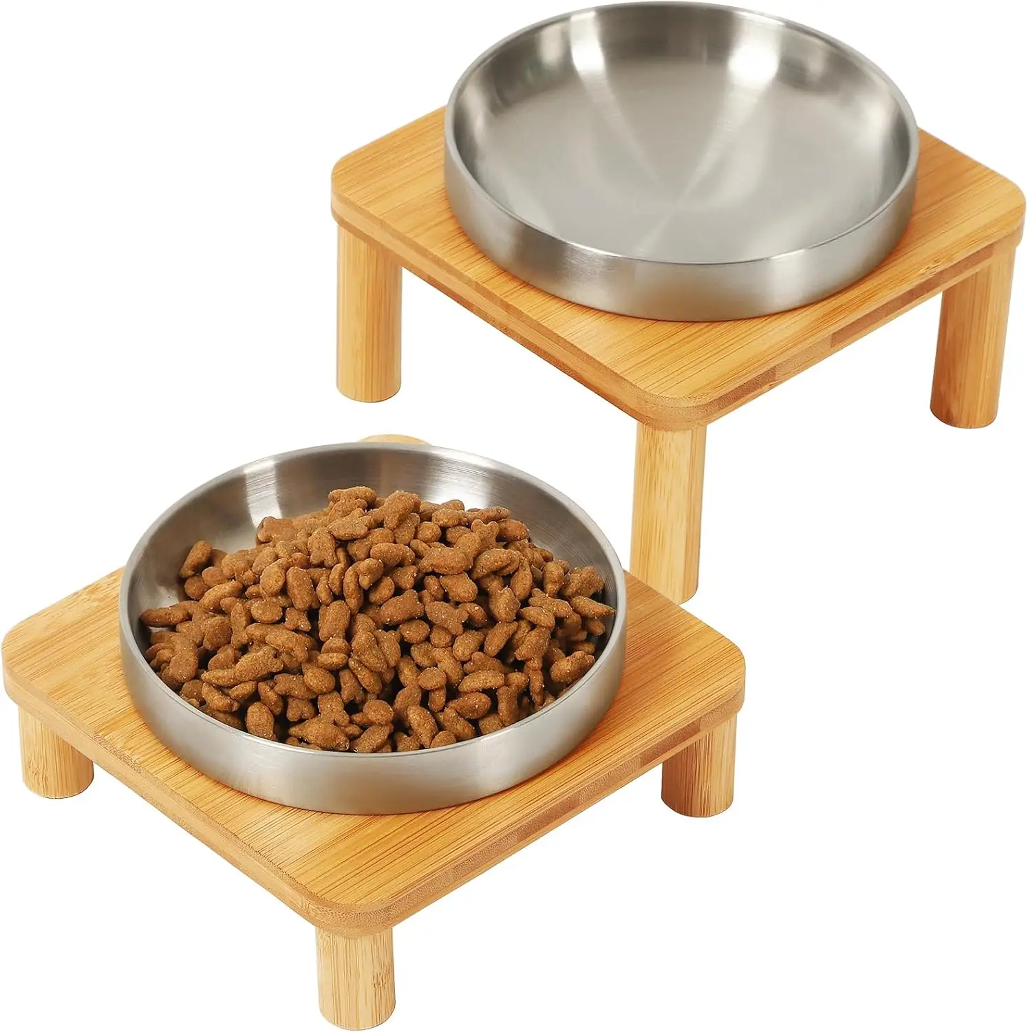 

Elevated Cat Bowls for Indoor Cats – Bamboo Stand with Stainless Steel Dishes, 2-Pack