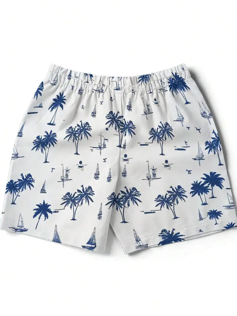 

Men’s White Board Shorts With Blue Palm Trees And Sailboats Print, Quick-Dry Swimwear For Beach Vacation