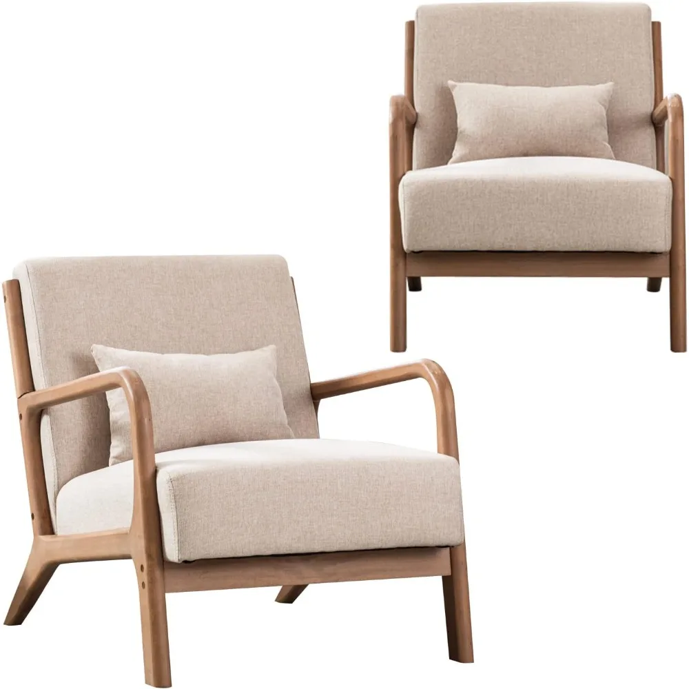 

Mid-Century Modern Accent Chair Set of 2, Upholstered Living Room Chairs with Waist Cushion, Reading Armchair for Bedroom