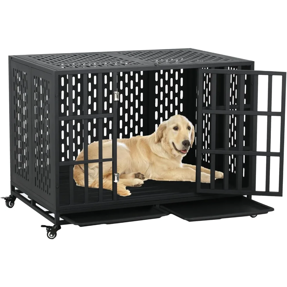 

44" Indestructible Heavy Duty Dog Crate, Strong Steel Escape-Proof Pet Kennel for High Anxiety Large Medium Dogs, Chewproof Indo