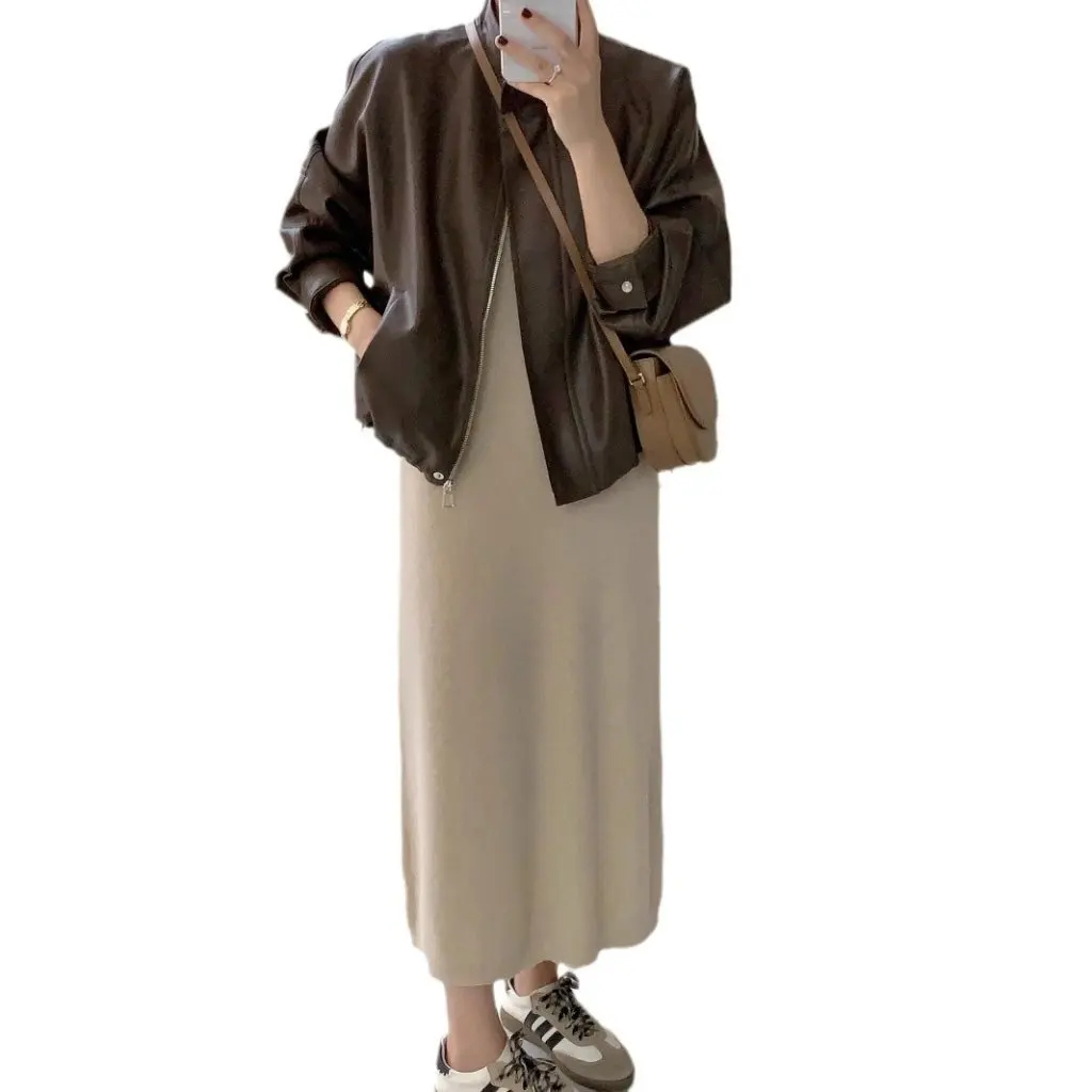 Jaqueta de couro marrom feminina novo estilo hong kong curto motocicleta retro americano casaco popular para senhoras