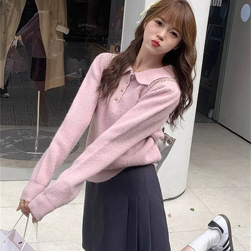 2026 Chic Turn Down Collar Knitted Sweaters Women Button Up Solid Color Sweater Pullovers Woman Korean Long Sleeve Jumpers Mujer