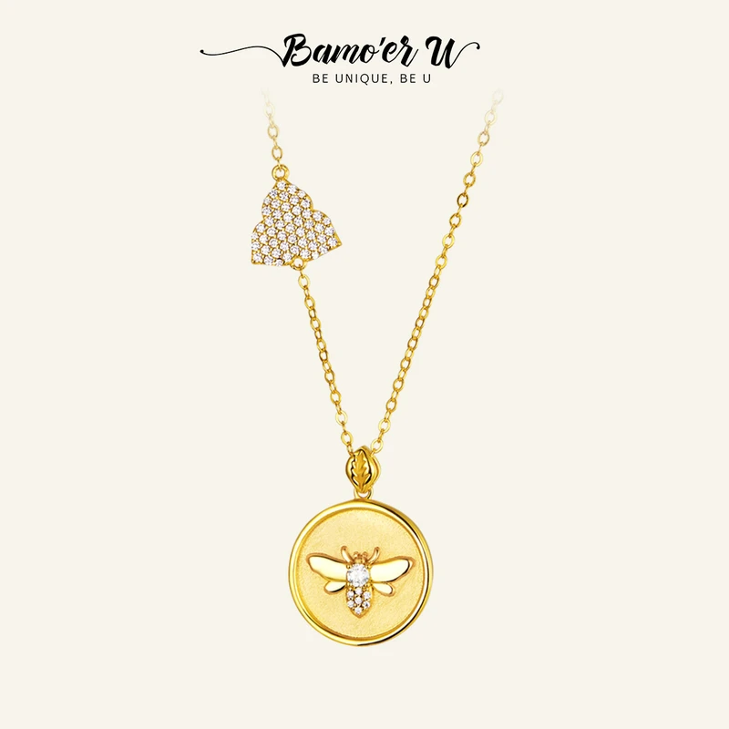 

BAMOER U 925 Sterling Silver Bee Commemorative Coin Pendant Necklace Plated Gold for Women Original Fine Anniversary Jewelry