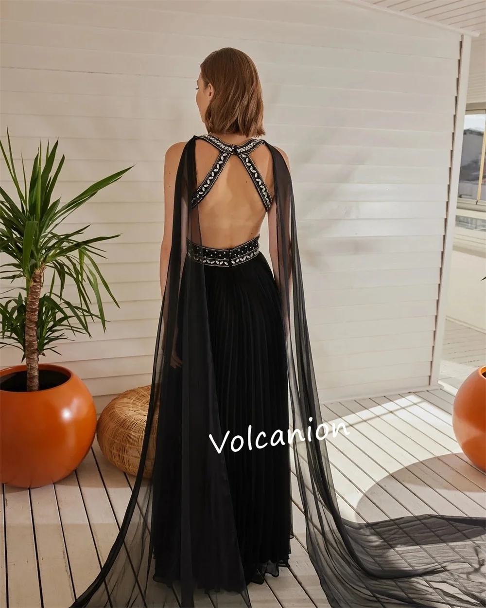 Gaun Panjang Leher-o A-line Berlian Imitasi Wiru Sifon Kustom Tersedia Acara Prom Klasik Elegan Ukuran