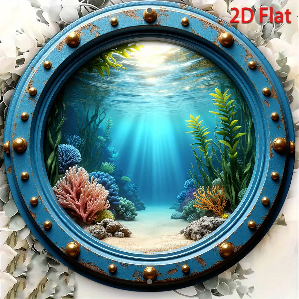A Vintage Round Wall Art Sign Featuring an Underwater Porthole Scene with Coral Reefs And Marine Life, Designed in a Rustic Styl