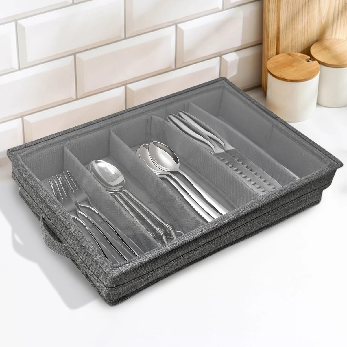 Flatware Storage Case 5 Compartment with Lid Foldable Utensil Storage Box Portable Cutlery Storage with Handle for Home Kitchen