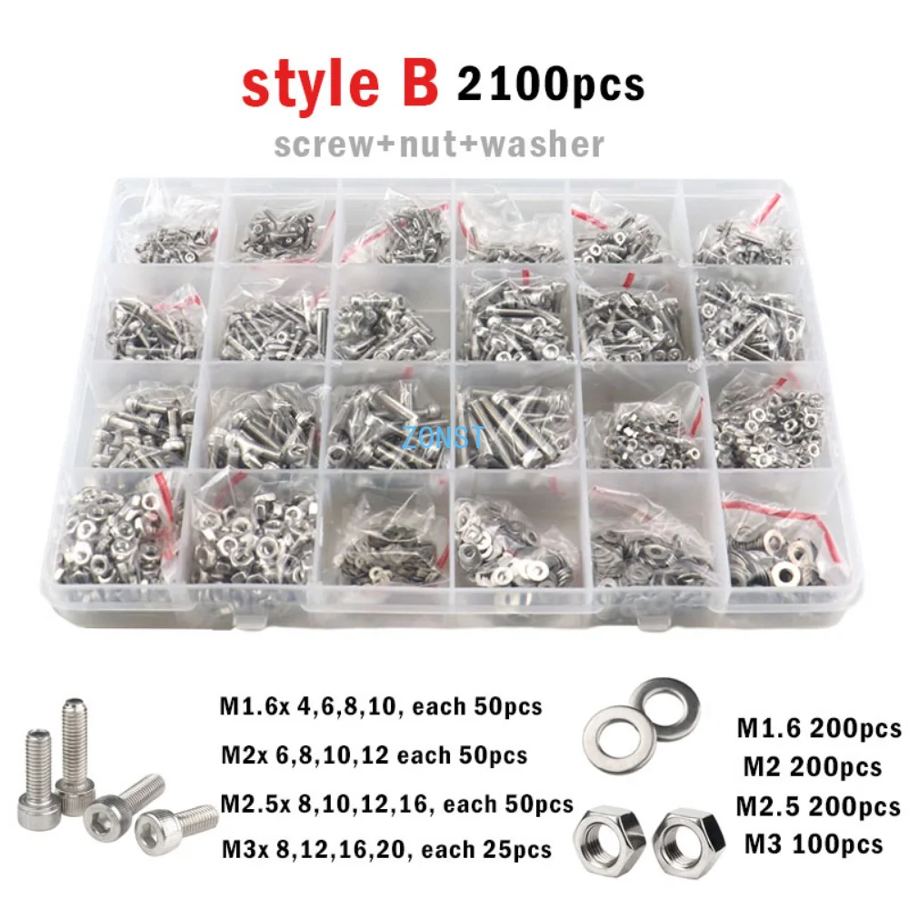 2100-250pcs M1.6 M2 M3 M4 M5 304 Stainless Steel Allen Hexagon Hex Socket Cap Button Head Screw Bolt Nut Set Assortment Kit Box