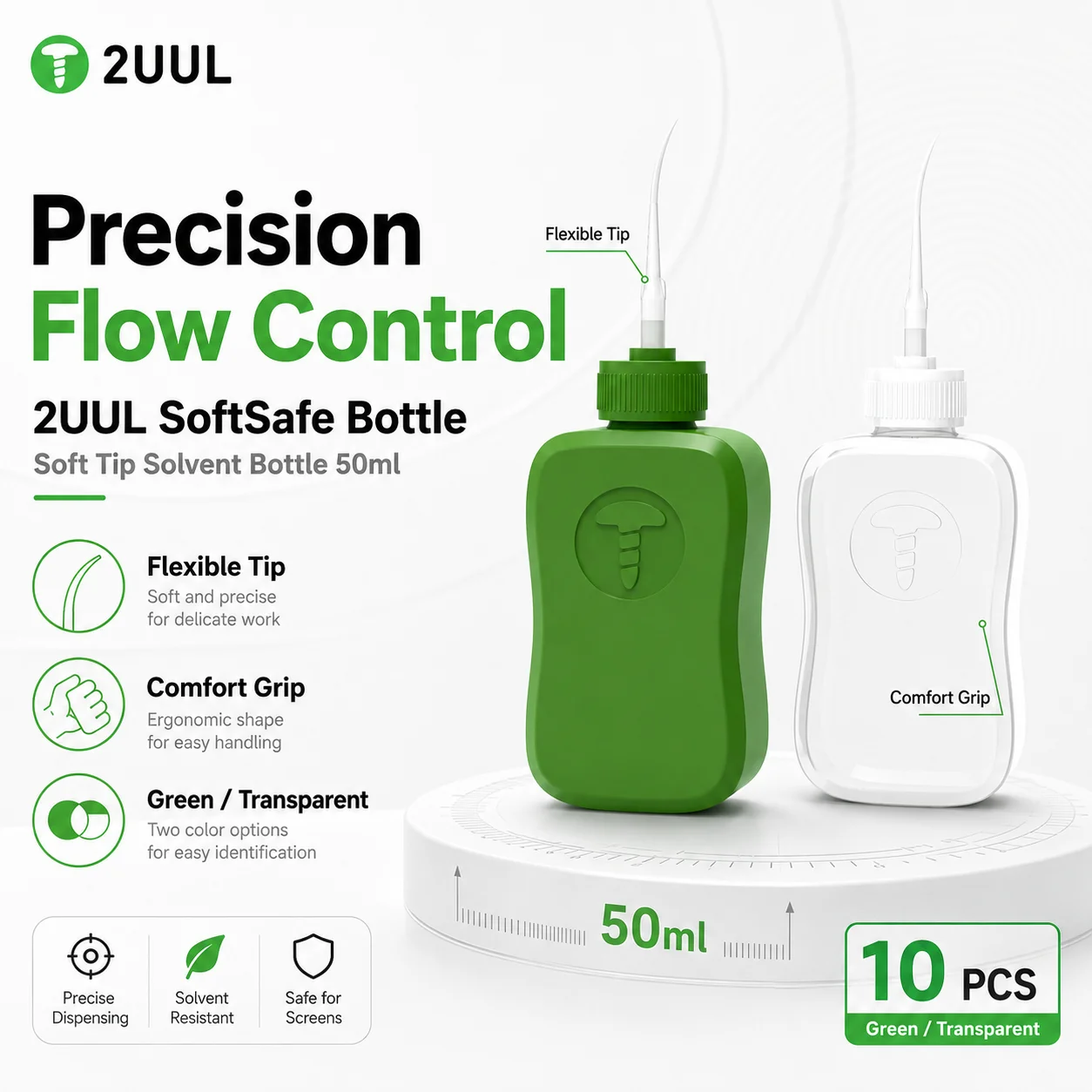 

2UUL CL51 CL52 SoftSafe Bottle 10PCS 50ml Screen-Safe Soft Tip Solvent Dispenser for Phone Repair Green Transparent
