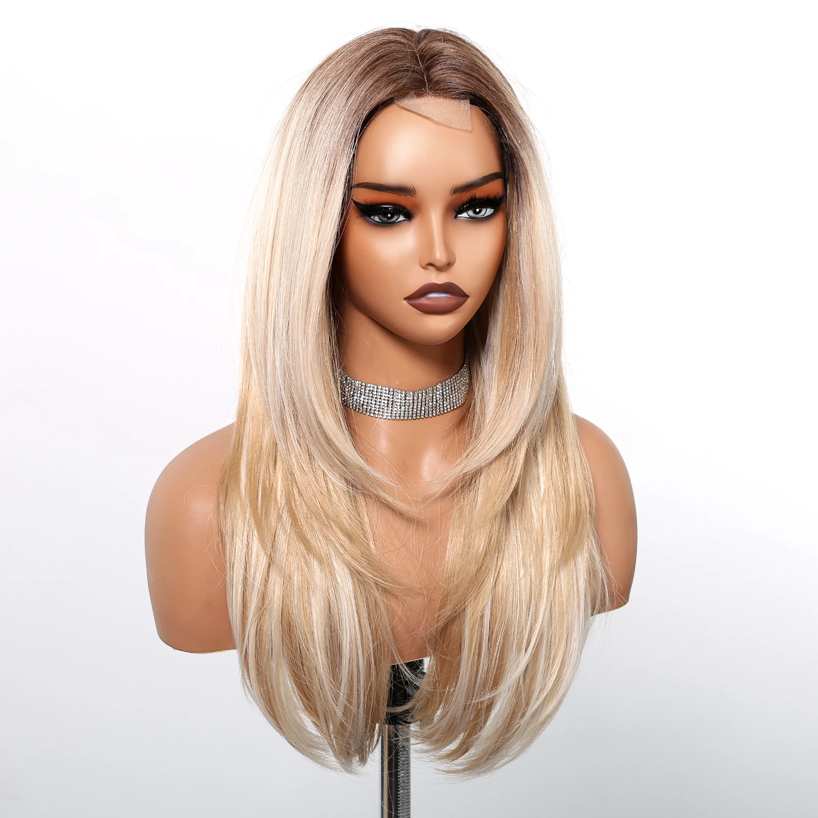 Blonde Golden Synthetic Wigs Long Hairline Lace Hair Wigs Layered Straight for Women Daily Middle Part Heat Resistant Fiber