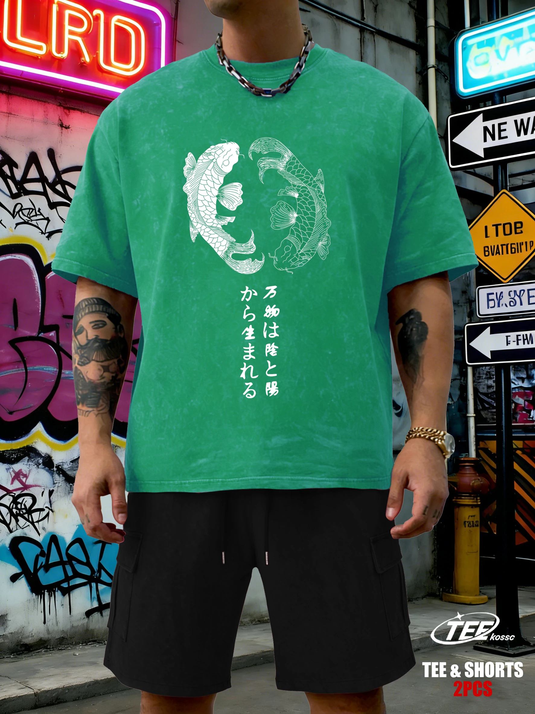 

Japanese Harajuku Koi Art Letter Washed Mans T-Shirts Loose Soft T-Shirt Summer Cotton Shorts Set Unisex Retro O-Neck Streetwear