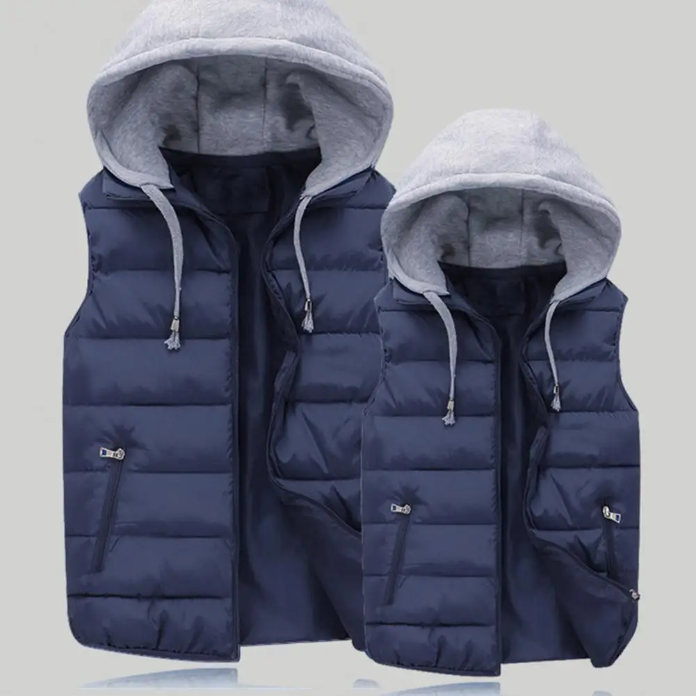 Cozy Men Vest Men Autumn Winter Warm Vest with Hood Zipper Closure Waterproof Thick Vests Sleeveless Casual Jacket Vest