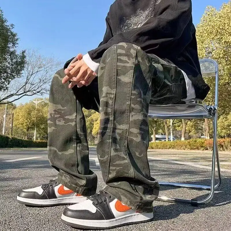 

Washed Camouflage Tooling Jeans Men's Retro Army Green Embroidered Pants Versatile Straight Baggy Casual Pants Work Trousers Man