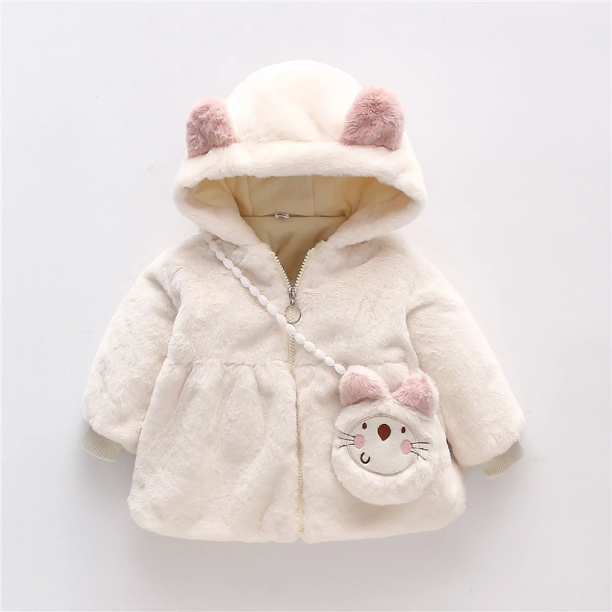 Winter Baby Girl Coat Cute Animal Print Diagonal Cross Bag Coat Sweet Beauty Baby Hooded Warm Coat (0-3 Years Old)