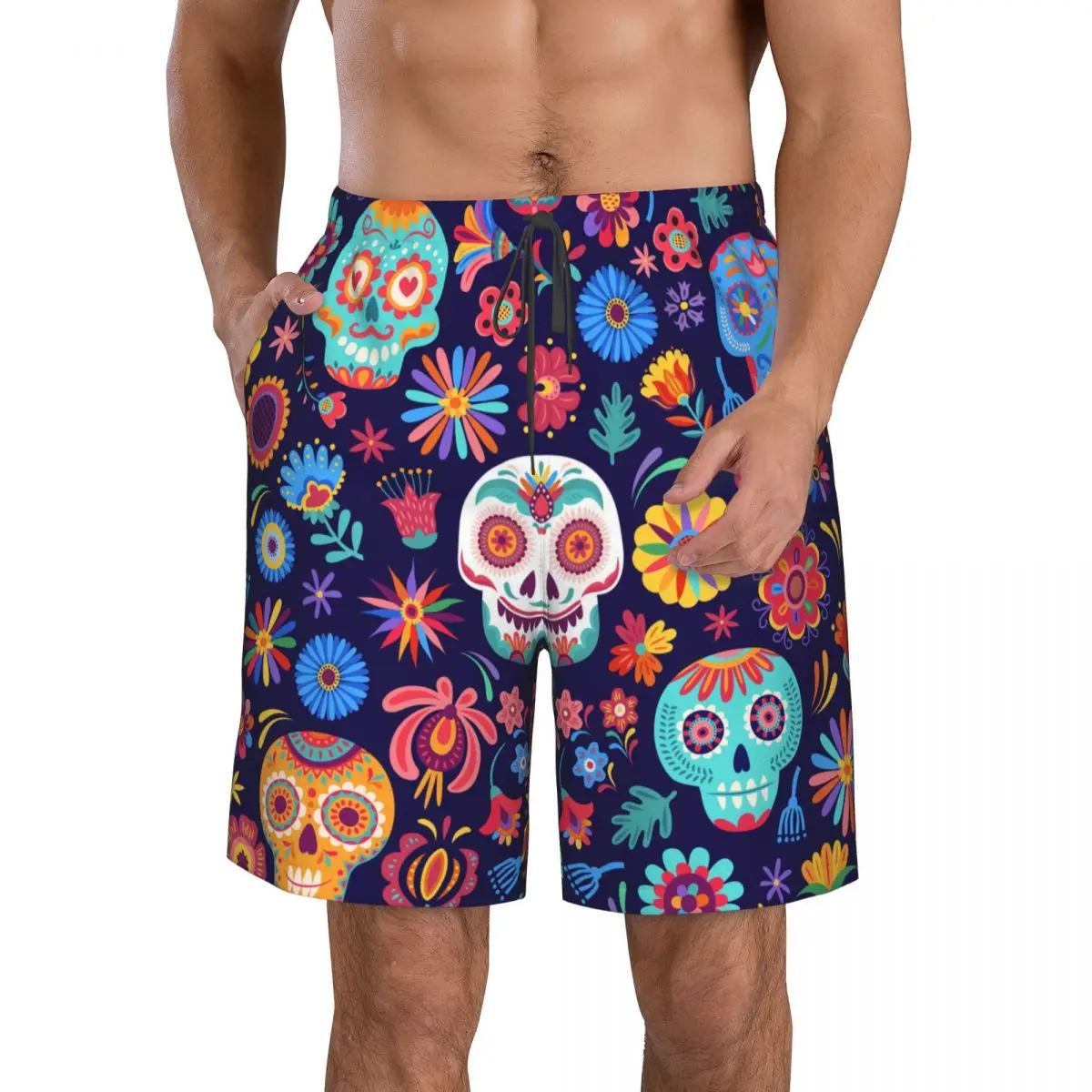 Men's Swim Shorts Trunks Mexican Sugar Skulls Day Of The Dead Beach Board Shorts Running Sports Surfing Swimwear