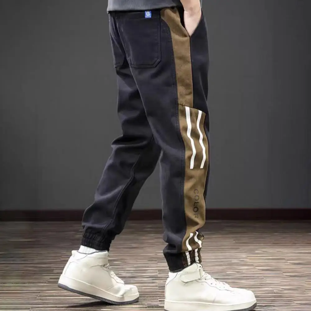 

Adjustable Drawstring Trousers Men's Spring Fall Cargo Pants with Drawstring Waist Ankle-banded Pockets Contrast Color for Daily