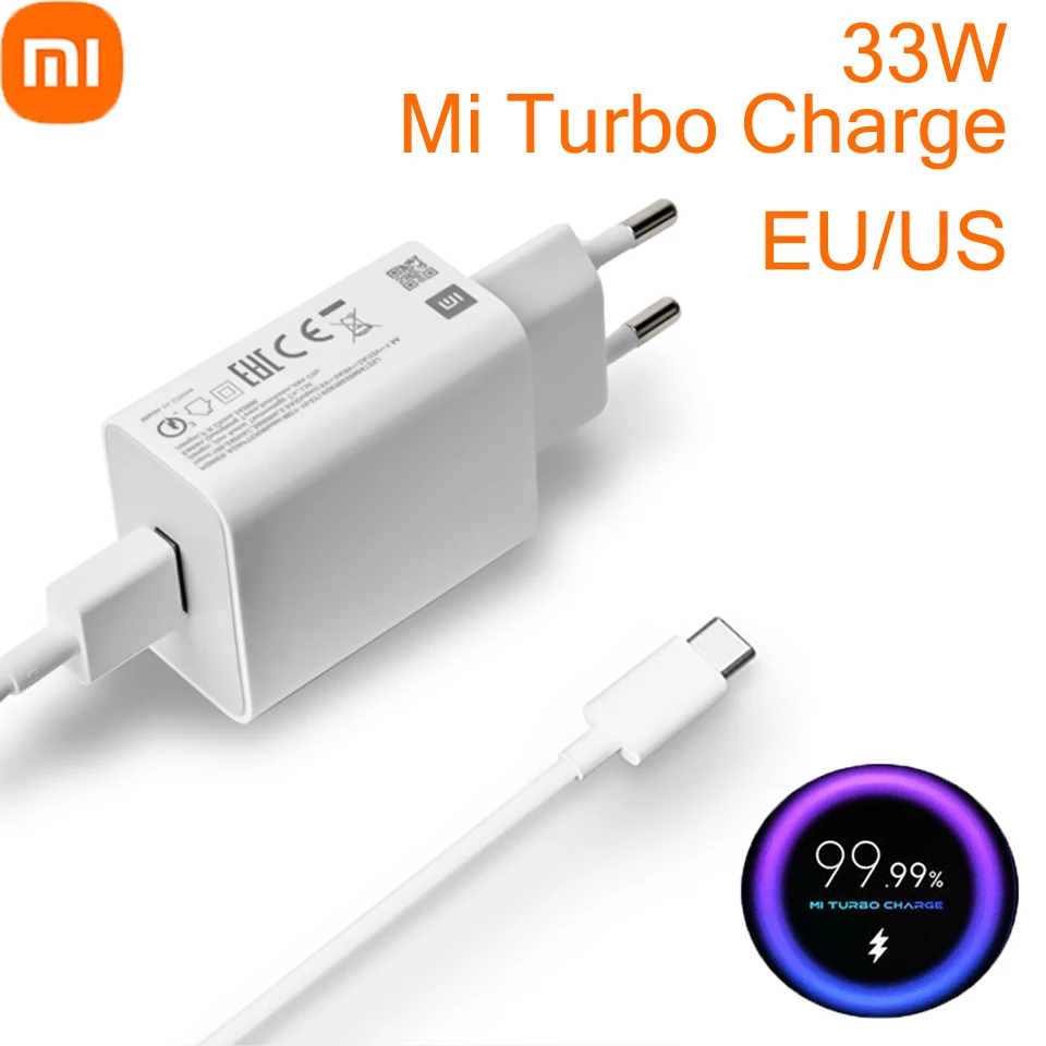 Original 33W Turbo EU US Charger Adapter For Xiaomi Mi 11 10 9 10S Lite Pad 5 Redmi Note K40 Pro Fast Charging Type C Cable