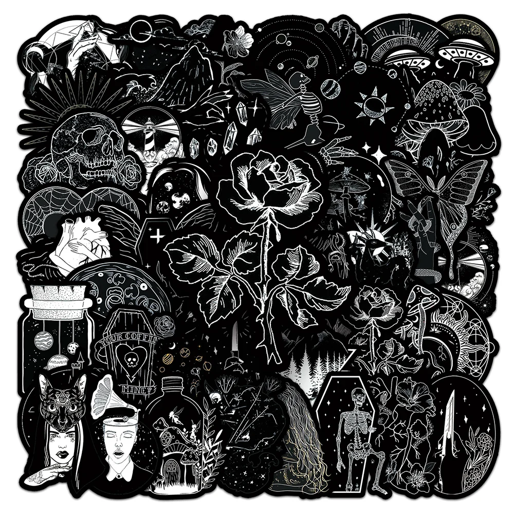 10/30/50 Stück Schwarz-Weiße Gothic Cartoon Graffiti Aufkleber Dunkle Ästhetische Kunst Sticker DIY Gepäck Gitarre Notizbuch Coole PVC-Aufkleber