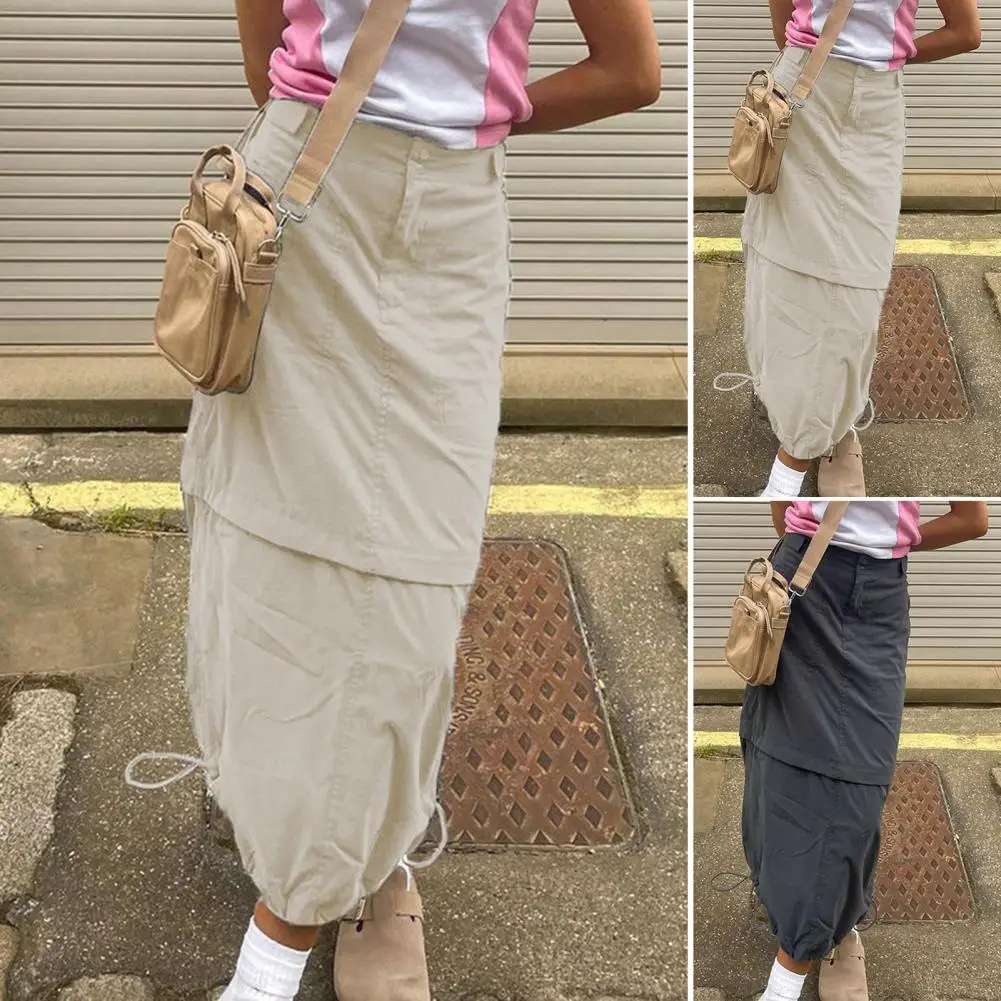 Harajuku Women's Long Cargo Skirt Solid Color Waist Drawstring Multi Pocket Straight Streetwear Loose Skirt